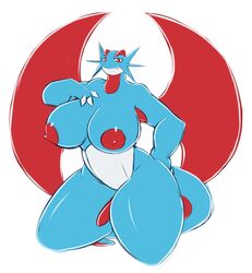 anthro anthrofied averyshadydolphin big_breasts blue_skin breasts female hi_res huge_breasts huge_nipples looking_at_viewer markings nintendo nipples pokemon salamence simple_background solo thick_thighs video_games white_background wide_hips