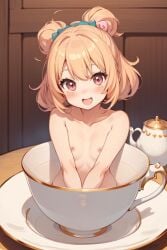 ai_generated flat_chest ginger_hair happy monster_girl nude nude_female open_mouth tea_cup_girl teacup