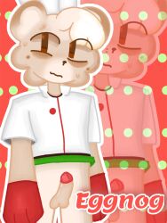 bear blush_crunch_studios chef_hat cutupaper2 dick digital_drawing_(artwork) digital_media_(artwork) eggnog_(flavor_frenzy) flavor_frenzy furry furry_only male male_only nervous_expression nervous_smile nervous_sweat no_pants penis roblox roblox_game shirt solo solo_male standing