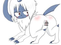 1girls 2016 absol ass blush censored denbukuro female fur furry long_hair looking_back nintendo pokemon pokemon_(species) pussy red_eyes solo tail white_background white_hair