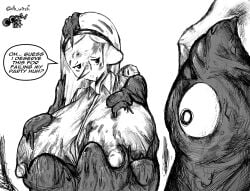 1girls abby_(oozed) abby_(witchdoctordb) big_breasts black_and_white captured captured_heroine clothed covered_in_goo covered_in_slime english_text large_breasts leeper_parasite_(oozed) leeper_parasite_(witchdoctordb) monster nipple_bulge oozed pointy_nose protruding_nipples slime slime_monster slime_on_body speech_bubble stuck text uniform witchdoctordb