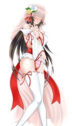 aureole_omega black_hair blush concubine dark_eyes dripping fato_(sabitasatetu) female female_only flowers_in_hair half_naked human_girl long_hair looking_at_viewer medium_breasts overlord_(maruyama) red_ribbon smile squeezing_breasts veil wet_body white_background white_stockings