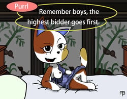 animal_crossing anthro auction bed breasts clothed clothing english_text feline female furry looking_at_viewer mammal nintendo nipples on_bed presenting prostitution purrl_(animal_crossing) pussy slave smug text video_games