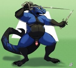 2024 absurd_res ackie_monitor anthro balls circumcised dagger digital_media_(artwork) flaccid genitals hi_res holding_melee_weapon holding_object holding_weapon humanoid_genitalia humanoid_penis lizard male melee_weapon nude overweight overweight_anthro overweight_male penis rapier reptile scalie simple_background slightly_chubby smile solo sword tail weapon yellowluster