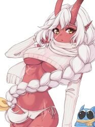 akumi blush braid breasts cowboy_shot dark_skin eyebrows_visible_through_hair female hair_between_eyes horns large_breasts long_hair long_sleeves looking_at_viewer medium_breasts navel oni oni_horns panties red_skin side-tie_panties solo standing striped sweater twin_braids underwear very_long_hair vyugen white_background white_hair yellow_eyes