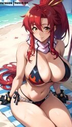 1girls ai_generated beach big_breasts dans_ai female huge_breasts large_breasts long_hair red_hair skull_hair_ornament tengen_toppa_gurren_lagann yoko_littner