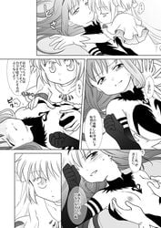 akemi_homura akuma_homura black_hair blush breast_grab doujinshi female gloves grabbing kinoji madoka_kaname mahou_shoujo_madoka_magica monochrome multiple_girls nipples on_person smirk spoilers text translation_request ultimate_madoka yuri