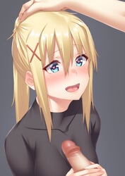 1boy blonde_hair blue_eyes blush breasts censored darkness_(konosuba) female hair_ornament hairclip hand_on_another's_head handjob heart heart-shaped_pupils highres kono_subarashii_sekai_ni_shukufuku_wo! large_breasts long_hair mikazuchi_zeus mosaic_censoring open_mouth penis petting ponytail smile solo_focus straight symbol-shaped_pupils tied_hair