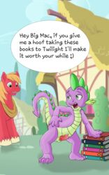 animal_genitalia balls bedroom_eyes big_macintosh_(mlp) book dialogue diphallia diphallism dragon earth_pony english_text equine friendship_is_magic half-closed_eyes horse kithawking knot looking_back male mammal multi_penis my_little_pony open_mouth penis pony presenting quadruped scalie seductive sheath smooth_skin spike_(mlp) standing text vein veiny_penis yaoi