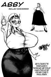 1girls abby_(oozed) abby_(witchdoctordb) big_ass big_breasts black_and_white character_profile clothed glasses horns large_breasts long_skirt lore oozed pointy_nose text thick_thighs wide_hips witchdoctordb