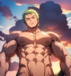 1boy abs ai_generated artist_request bara female looking_at_viewer looking_down looking_up male male_only muscular_male one_piece pectorals pov roronoa_zoro