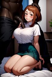 1boy 1girls african_male ai_generated big_breasts boku_no_hero_academia brown_hair clothed_female_nude_male cock_worship cum_drip dark-skinned_male interracial kneeling kneeling_oral_position light-skinned_female short_hair uraraka_ochako