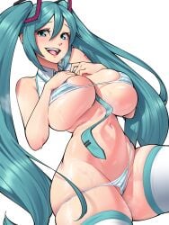 1girls bikini blue_eyes blue_hair blush breasts clothing dracksart female female_only hatsune_miku hi_res large_breasts light-skinned_female light_skin long_hair looking_at_viewer navel revealing_clothes smile solo solo_female striped_bikini swimsuit swimwear thick_thighs thighs twintails underboob vocaloid wet wet_body wet_skin wide_hips