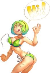 1girls aged_up bikini estyy female female_focus female_only green_hair ocarina_of_time saria swimsuit text_focus the_legend_of_zelda the_legend_of_zelda:_ocarina_of_time wardrobe_malfunction yellow_eyes