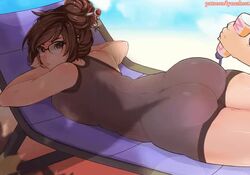 1boy 1girls 3d animated ass beach_chair big_ass big_butt blizzard_entertainment brown_eyes brown_hair butt chair female glasses loop lotion mei_(overwatch) no_sound on_chair one-piece_swimsuit overwatch shorter_than_10_seconds subtitled swimsuit text video