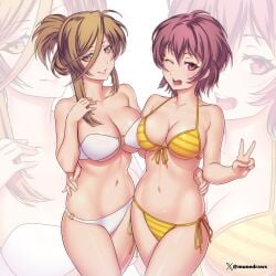 2girls ;d absurdres akizuki_sara arm_around_waist bikini breasts brown_hair cleavage etchimune grin highres kateikyoushi_no_onee-san large_breasts looking_at_viewer multiple_girls non-web_source o-ring o-ring_bikini one_eye_closed open_mouth shiono_nagisa short_hair smile striped_bikini striped_clothes swimsuit v white_bikini yellow_bikini