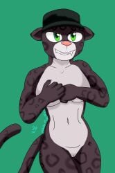 anthro big_breasts breasts clothed clothing digital_media_(artwork) dreamworks felid feline female genitals headgear hi_res kitty_kat_(the_bad_guys) looking_at_viewer macamacrez mammal muscular muscular_female nude panthera simple_background smile solo tail the_bad_guys the_bad_guys_2