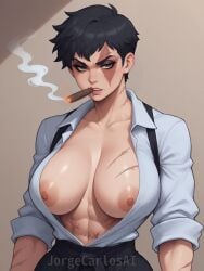 ai_generated areola areolae big_breasts big_breasts big_breasts black_hair black_pants breasts breasts breasts cigar cigar_in_mouth face_scar female female_focus female_only grey_eyes holding_cigar jorgecarlosai mafia mafia_boss nipples scars scars_all_over scars_on_arm scars_on_body scars_on_chest scars_on_face short_hair smoke tough_girl watermark white_shirt