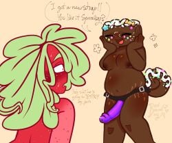 1boy 1female 1girl 1male colored cosmo_(dandy's_world) dandy's_world dildo shaded sprout_(dandy's_world) strap-on strawberry worried_expression