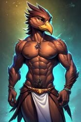 abs accipitrid accipitriform ai_generated anthro athletic athletic_anthro athletic_male avian beak biceps bird birdovo bottomwear brown_body clothing feathers loincloth male muscular muscular_anthro muscular_male navel nipples pecs solo tribal triceps