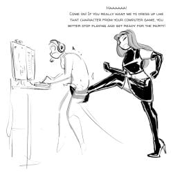 1boy 1girls ball_torture ballbusting black_and_white cbt celera_prime dominant_female dominatrix domme_girl_and_gamer_boy english_text femdom gamer gaming globes kicking_balls malesub oc olivia_(celera_prime) original_character sketch submissive_male tagme