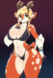 ai_generated anthro big_breasts blonde_hair blossom_(battlerite) bra bra_and_panties braid braided_hair breasts cervid confident darkwing875 deer faun furry green_eyes hourglass_figure panties pose posing satyr smile tail thick_thighs thighs voluptuous voluptuous_female wide_hips