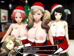 3d ann_takamaki atlus big_breasts christmas christmas_outfit dialogue haru_okumura htr18 imminent_sex persona persona_5 sadayo_kawakami tagme