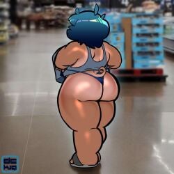 back_to_viewer big_butt blue_hair blurry_background cheeked_up chubby chubby_female curly_tail curvy_figure in_public in_walmart kiqki_(dckiq) large_breasts photo_background pig_tail public pulling_thong pulling_thong_up pulling_up_thong scantily_clad slippers tail tan_lines tan_skin tank_top thicc thick_thighs thong walmart