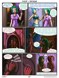 antennae blue_eyes blue_hair bobbydando brick_wall clothing colored comic door english_text fairies_vs_tentacles fairy fantasy female grass hair nipples nude page_87 pussy short_hair tumblr_username