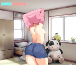 1girls ass backboob booty_shorts daisy_dukes doki_doki_literature_club dokisnacc facing_away sayori_(doki_doki_literature_club) thick_thighs topless undressing