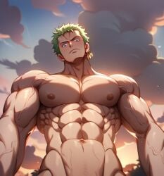 1boy abs ai_generated artist_request bara looking_at_viewer looking_down looking_up male male_only muscular_male one_piece pectorals pov roronoa_zoro