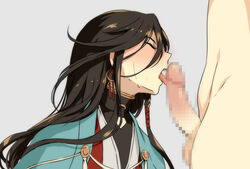 2boys bishonen black_hair blush censored fellatio hair izuminokami_kanesada licking long_hair long_hair_male male_only multiple_boys oral penis sweat testicles touken_ranbu very_long_hair yaoi