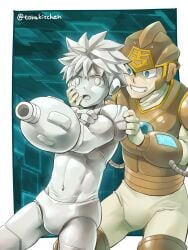 2boys abs android armor biceps blank_eyes blue_eyes brown_body cannon capcom character_request clothed defeated dull_eyes duo ebitendon evil_grin futuristic grabbing grabbing_from_behind hand_on_arm hand_on_face helmet helmet_removed hi_res holding_weapon light_skin male male_only mega_man mega_man(classic) mega_man_(character) petrification robot robot_boy robot_humanoid science_fiction shocked shocked_expression short_hair standing statue statuefication stoned tight_clothing torakichi_(ebitendon) torakitchen white_border wide_eyed