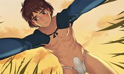 1boy abs ashitaka bishonen blush brown_hair bulge erection erection_under_clothes from_below fundoshi jtu male male_only muscles nipples outdoors pov princess_momonoke scar studio_ghibli tagme underwear