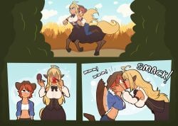 2d 2d_(artwork) 2girls 4_legs abs applying_lipstick applying_makeup arms_around_partner belt big_lips blonde_hair blue_eyes blue_sky boots bowtie breasts cassandra_(pshelly) centaur centaur_girl centauress cornfield cowboy_boots cowboy_hat cowgirl day daytime flat_colors grabbing_face hat horse_ears horse_tail human jacket jacket_open jeans kissing lesbian_kiss lips long_hair makeup mk210 monster_girl orange_hair purple_eyes red_lips red_lipstick riding riding_on_back running sadie-mae_(pshelly) short_hair sweat sweatdrop sweating waving_arms yuri