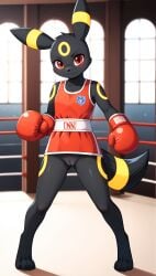 1girls 2025 ai_generated anthro black_fur bottomless bottomless_female boxing boxing_gloves digitigrade eeveelution female female_only generation_2_pokemon hi_res indoors innie_pussy looking_at_viewer nintendo pokemon pokemon_(species) pussy red_eyes smile umbreon