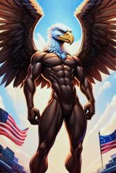 accipitrid accipitriform ai_generated american_eagle anthro athletic athletic_male avian bald_eagle beak biceps bird deltoids eagleabs feathers featureless_chest featureless_crotch male muscular muscular_anthro muscular_male nipple_piercing nipples pecs piercing ripped_muscles solo stars_and_stripes triceps united_states_of_america veiny_muscles wings