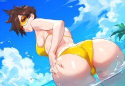 1girls ai_generated beach big_ass brown_eyes brown_hair ded_173 overwatch solo swimsuit tracer