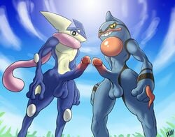 2d balls casual duo erection greninja ikiki low-angle_view male male_only nintendo nudist penis pokemon pokemon_(species) scalie scalie_male scalie_only submissive_pov toxicroak video_games yaoi