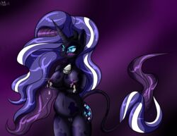 2016 anthro anthrofied areola big_breasts blush bovine breasts cattle cowbell dark_persona equine female friendship_is_magic fur furry horn horse hybrid lactation long_hair makeup mammal milk multicolored_hair my_little_pony nightmare_rarity nipples novaspark nude pony pussy rarity_(mlp) simple_background solo straight_hair two_tone_hair unicorn