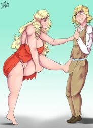 1boy 1boy1girl 1girls artist_signature bare_legs bare_shoulders barefoot blank_background blonde_female blonde_male blue_eyes_male boner boner_in_pants commission female foot_on_crotch foot_on_penis grey_pants grey_vest hand_on_chest holding_up_leg horny_female jwels luke_skywalker male male_and_female_focus mary_(star_wars_(marvel_1977)) nervous_male nervous_smile ovulating parted_lips pussy pussy_juice pussy_juice_drip red_dress ruined_dress seductive_eyes seductive_face seductive_look seductive_smile shoes smile smiling smiling_at_partner smiling_female standing_on_one_leg standing_on_tip_toes star_wars star_wars_(marvel_1977) star_wars_legends straight torn_clothes torn_dress white_shirt white_sleeves