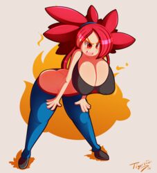 ass_cleavage blush breasts butt_crack cleavage clothes female flannery_(pokemon) gym_leader huge_breasts human human_only leaning_forward long_hair midriff navel nintendo open_mouth pokemon ponytail puffy_nipples red_eyes red_hair solo standing tied_hair tiger1001 tongue