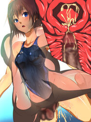 1boy azu_(azzz) barefoot breasts censored character_request cum cum_in_pussy cum_in_uterus cum_inside female game_cg hug impregnation internal_cumshot jikan_teishi_de_pool_sennyuu nipples one-piece_swimsuit penetration penis sex shiny_skin straight swimsuit vaginal_penetration x-ray