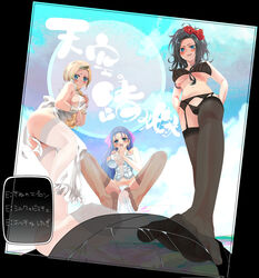 3girls :d apron bianca_whitaker black_bra black_hair black_legwear black_panties blonde_hair blue_eyes blue_hair blush bow bra braid clothing corset covered_nipples debora_briscoletti dragon_quest dragon_quest_v dress earrings erect_nipples erect_nipples_under_clothes flora_(dragon_quest) flower footjob frown garter_belt hair_flower hair_ornament hair_over_shoulder hairbow highres jewelry large_breasts long_hair multiple_girls naked_apron nera_briscoletti nippleless_clothes nishimura_(nsmr8to) open_mouth panties pov red_rose rose see-through single_braid smile stockings text thighhighs tied_hair translation_request underwear white_legwear