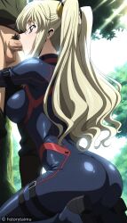 ai_generated ass blonde_hair code_geass fellatio from_behind hair hstorytaimu kneeling leila_malcal long outdoors penis plugsuit purple_eyes twintails veiny_penis