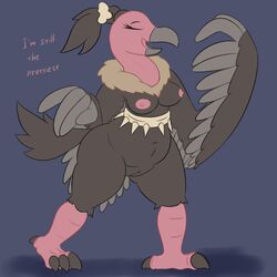 anthro areola avian beak bird bone breasts buzzard claws closed_eyes dialogue english_text erect_nipples eyelashes feathers female fluffy fur furry furry_only grey_fur hi_res mandibuzz naked navel nintendo nipples nude open_mouth pink_skin pokémon_(species) pokemon posexe pussy simple_background smile solo standing tail text thick_thighs toe_claws video_games voluptuous vulture wide_hips wings