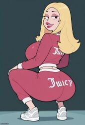1girls ai_generated american_flag areolae ass breasts darkeffect female female_focus female_only francine_smith lips looking_at_viewer looking_back midriff nipples plump_lips presenting shoes solo solo_female solo_focus squatting track_suit writing_on_ass