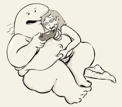 1boy 1girls 2d adult_swim ambiguous_species anthro_on_human arm_hair bare_legs belly belly_grab belly_overhang big_belly big_nose bigger_male body_hair charlie_(smiling_friends) charlie_dompler couple couple_(romantic) critter digital_media enamored fat fat_male fupa game_controller glasses grin groping hairy_arms hairy_legs half-closed_eyes human human_on_anthro humanoid interspecies larger_male leaning_on_another leaning_on_person line_art loose_hair male/female monochrome navel no_visible_genitalia nude nudity overweight overweight_male playing_videogame raised_eyebrow raised_eyebrows round_glasses size_difference smiling_friends tasticake wholesome wide_hips zoey_(smiling_friends)