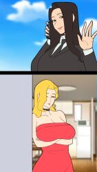 2d 2girls beautiful beautiful_females blonde_hair brown_hair foreshadowing happy large_breasts leaving lesbian_couple n92go original saying_goodbye sky smile suit_and_tie tube_dress wholesome yuri
