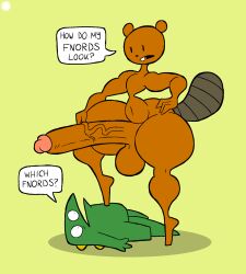 aliasing anthro artist_logo artist_name balls beaver beaver_(beaver_and_steve) beaver_and_steve big_penis bottom_heavy brown_body brown_fur buckteeth curvy_figure dialogue digital_media_(artwork) dinosaur duo english_text eyelashes femboy fur genitals green_body hand_on_hip hi_res huge_cock humanoid_genitalia humanoid_penis hyper-thin_waist logo looking_down male mammal navel on_model penis prehistoric_species reptile rodent scalie signature size_difference small_waist speech_bubble steve_(beaver_and_steve) tail teeth text thatdawgmurray thick_thighs vein veiny_penis wide_hips